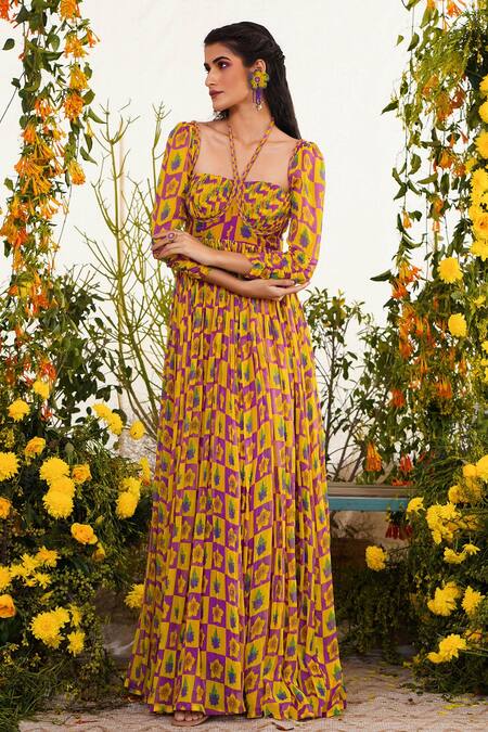 Buy_Baise Gaba_Purple Chiffon, Cotton Modal Floral Motifs Sweetheart Neck Inaayat Print Gown_Online_at_Aza_Fashions