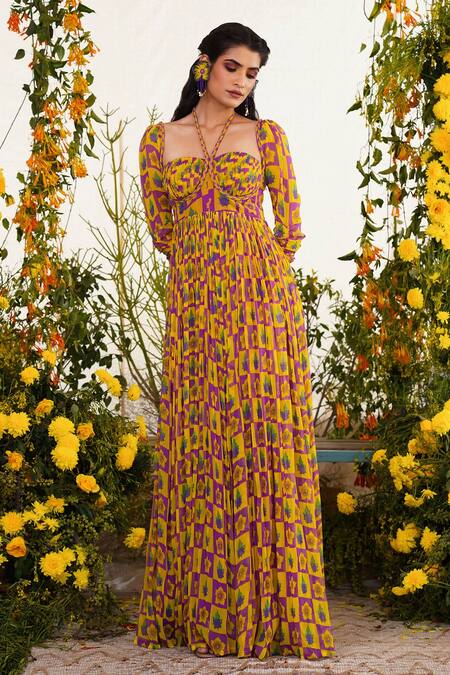 Shop_Baise Gaba_Purple Chiffon, Cotton Modal Floral Motifs Sweetheart Neck Inaayat Print Gown_Online_at_Aza_Fashions