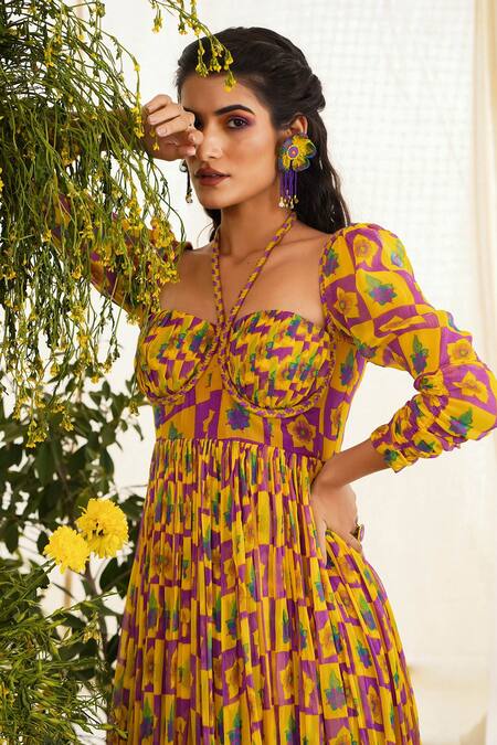 Baise Gaba_Purple Chiffon, Cotton Modal Floral Motifs Sweetheart Neck Inaayat Print Gown_at_Aza_Fashions