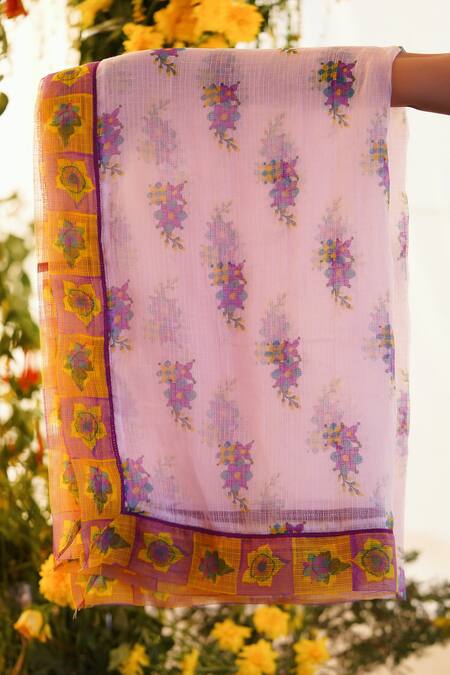 Baise Gaba_Purple Kota Doriya Printed Floral Motifs Samt Dupatta_Online_at_Aza_Fashions