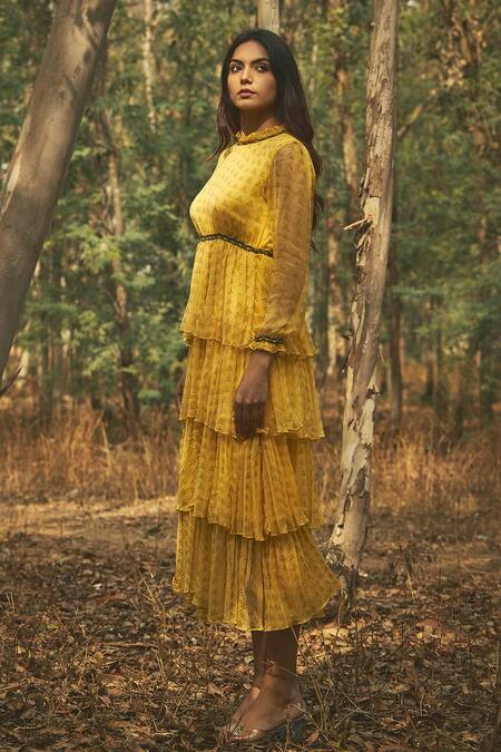 Buy Baise Gaba Yellow Chiffon, Lining Cotton Modal Geometric Asiatic Lily Layered Dress Online at Aza Fashions Buy_Baise Gaba_Yellow Chiffon, Lining Cotton Modal Geometric Asiatic Lily Layered Dress _Online_at_Aza_Fashions