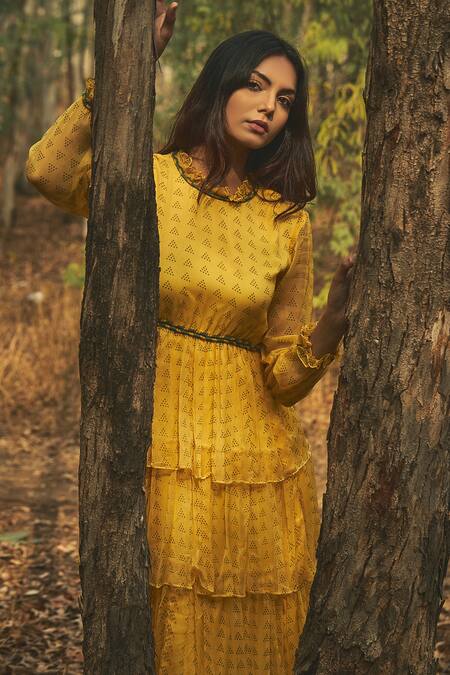 Shop Baise Gaba Yellow Chiffon, Lining Cotton Modal Geometric Asiatic Lily Layered Dress Online at Aza Fashions Shop_Baise Gaba_Yellow Chiffon, Lining Cotton Modal Geometric Asiatic Lily Layered Dress _Online_at_Aza_Fashions