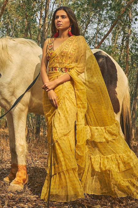 Buy Yellow color silk sequence silk saree at fealdeal.com