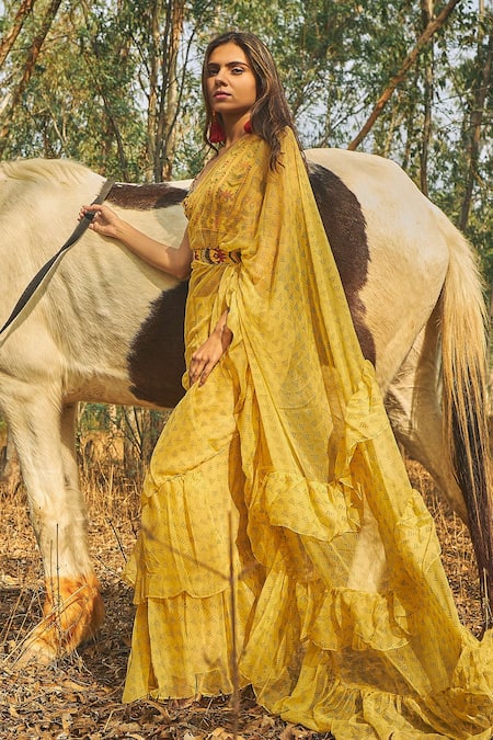 Shop Baise Gaba Yellow Blouse Piece Crepe, Saree Chiffon Geometric Motifs Vesper Ruffle at Aza Fashions Shop_Baise Gaba_Yellow Blouse Piece Crepe, Saree Chiffon Geometric Motifs Vesper Ruffle _at_Aza_Fashions