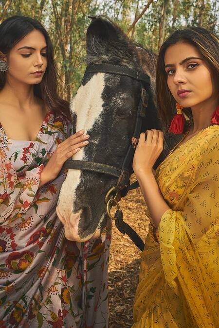 Shop Baise Gaba Yellow Blouse Piece Crepe, Saree Chiffon Geometric Motifs Vesper Ruffle Online at Aza Fashions Shop_Baise Gaba_Yellow Blouse Piece Crepe, Saree Chiffon Geometric Motifs Vesper Ruffle _Online_at_Aza_Fashions