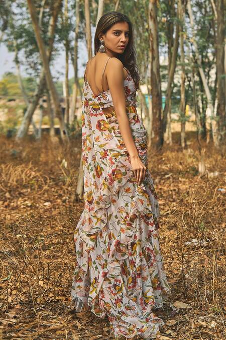 Shop Baise Gaba Grey Blouse Piece Crepe, Saree Chiffon Floral Motifs Sundown Ruffle at Aza Fashions Shop_Baise Gaba_Grey Blouse Piece Crepe, Saree Chiffon Floral Motifs Sundown Ruffle_at_Aza_Fashions