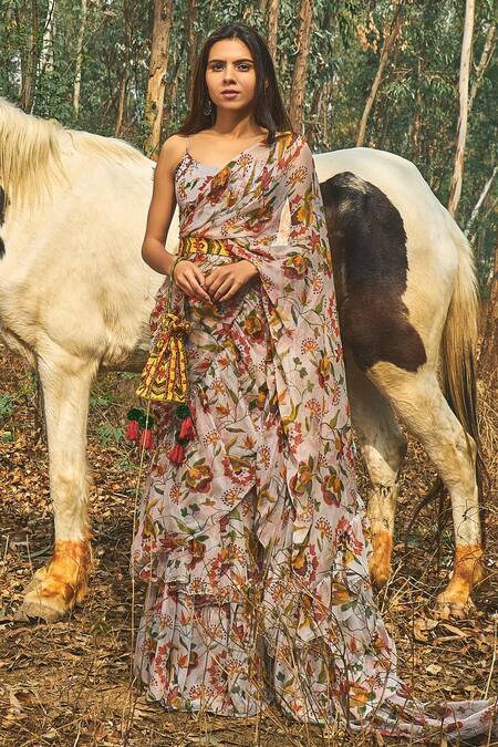 Buy Baise Gaba Grey Blouse Piece Crepe, Saree Chiffon Floral Motifs Sundown Ruffle Online at Aza Fashions Buy_Baise Gaba_Grey Blouse Piece Crepe, Saree Chiffon Floral Motifs Sundown Ruffle_Online_at_Aza_Fashions