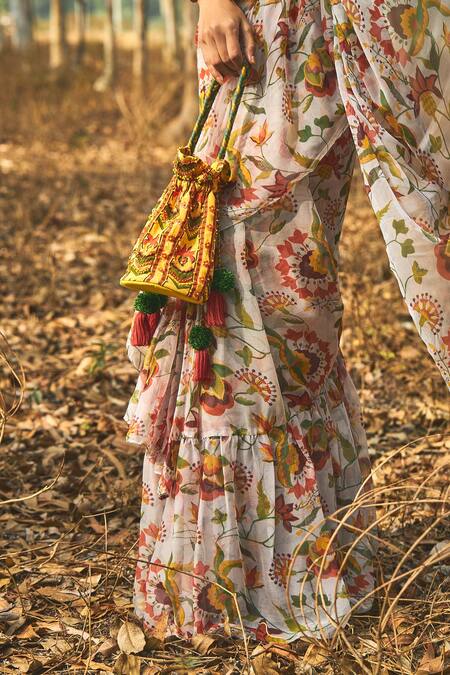 Baise Gaba Grey Blouse Piece Crepe, Saree Chiffon Floral Motifs Sundown Ruffle at Aza Fashions Baise Gaba_Grey Blouse Piece Crepe, Saree Chiffon Floral Motifs Sundown Ruffle_at_Aza_Fashions