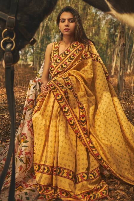 Shop Baise Gaba Yellow Blouse Piece Natural Crepe, Saree Chanderi Geometric Motifs Mehtaab Online at Aza Fashions Shop_Baise Gaba_Yellow Blouse Piece Natural Crepe, Saree Chanderi Geometric Motifs Mehtaab_Online_at_Aza_Fashions