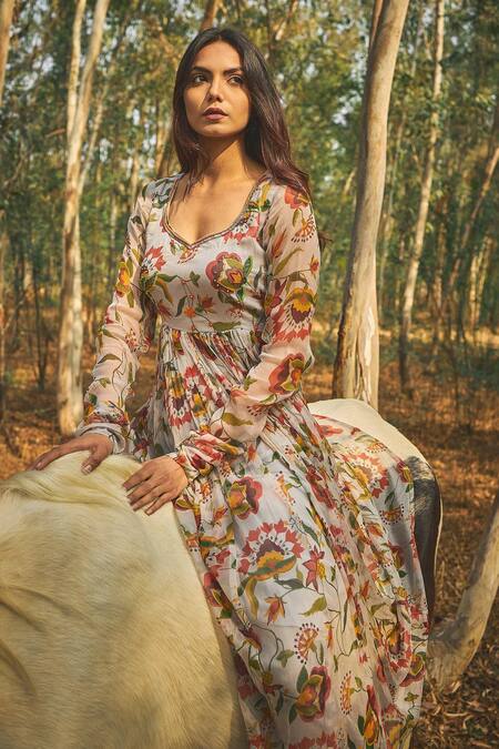 Buy_Baise Gaba_Grey Anarkali Chiffon, Lining Cotton Modal Floral Motifs Scoop Neck Rohira_Online_at_Aza_Fashions