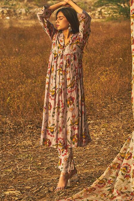 Buy_Baise Gaba_Grey Chanderi Floral Motifs V Neck Siroi Lily Kurta_Online_at_Aza_Fashions