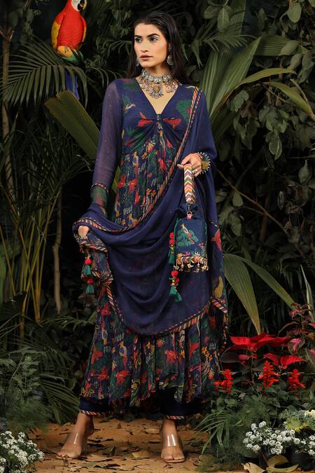 Baise Gaba_Blue Modal Satin Bead Work, Floral V Neck Printed Anarkali Set _Online_at_Aza_Fashions