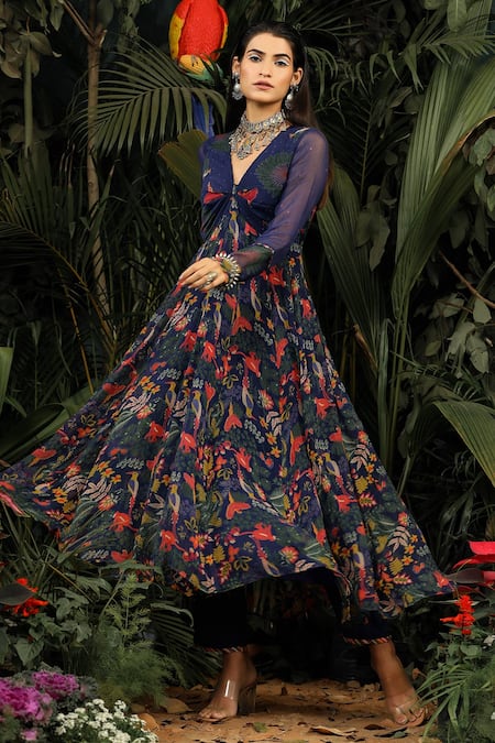 Buy_Baise Gaba_Blue Modal Satin Bead Work, Floral V Neck Printed Anarkali Set _Online_at_Aza_Fashions