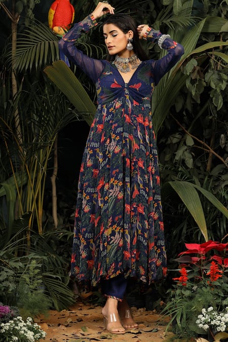 Shop_Baise Gaba_Blue Modal Satin Bead Work, Floral V Neck Printed Anarkali Set _Online_at_Aza_Fashions