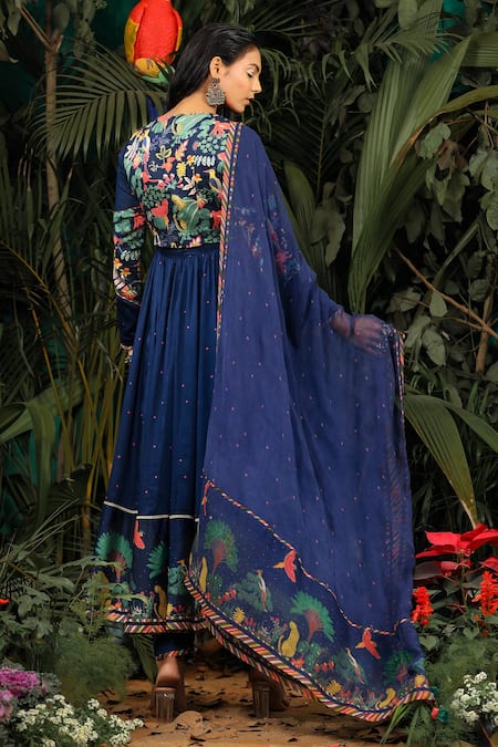 Shop_Baise Gaba_Blue Modal Satin Floral Round Printed Anarkali Set _at_Aza_Fashions