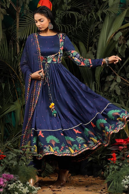 Baise Gaba_Blue Modal Satin Floral Round Printed Anarkali Set _Online_at_Aza_Fashions