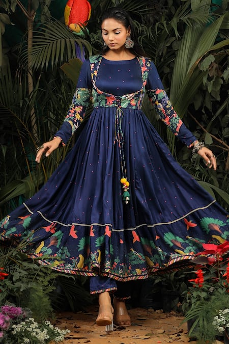 Buy_Baise Gaba_Blue Modal Satin Floral Round Printed Anarkali Set _Online_at_Aza_Fashions