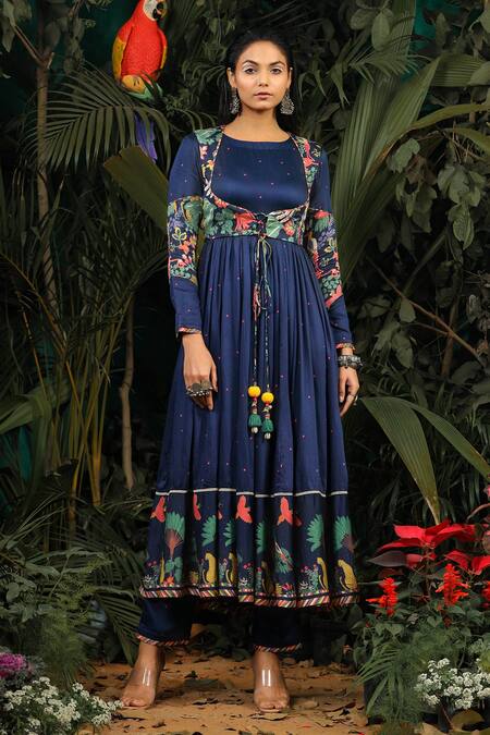 Shop_Baise Gaba_Blue Modal Satin Floral Round Printed Anarkali Set _Online_at_Aza_Fashions