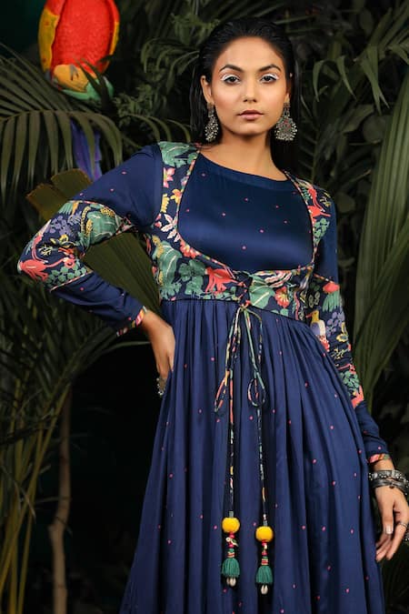 Baise Gaba_Blue Modal Satin Floral Round Printed Anarkali Set _at_Aza_Fashions