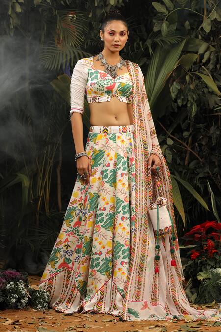 Buy_Baise Gaba_White Modal Satin Floral Sweetheart Neck Printed Lehenga Set_Online_at_Aza_Fashions