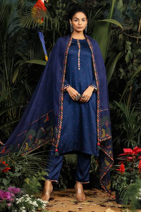 Baise Gaba_Blue Modal Satin Polka Dot Round Printed Kurta Set _Online_at_Aza_Fashions