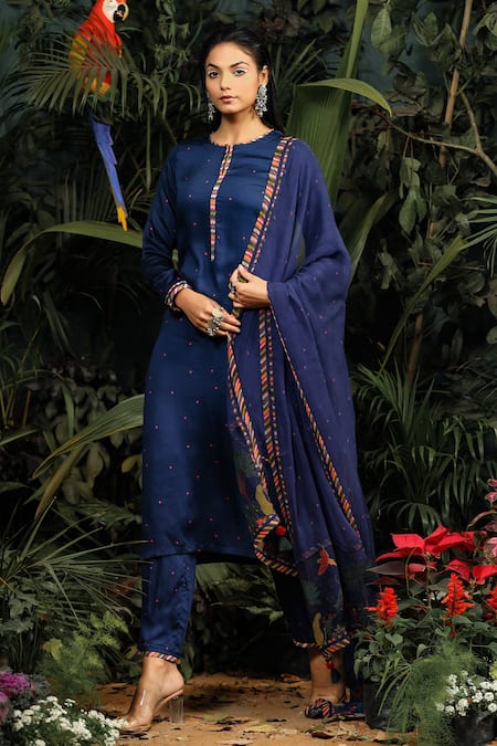 Buy_Baise Gaba_Blue Modal Satin Polka Dot Round Printed Kurta Set _Online_at_Aza_Fashions