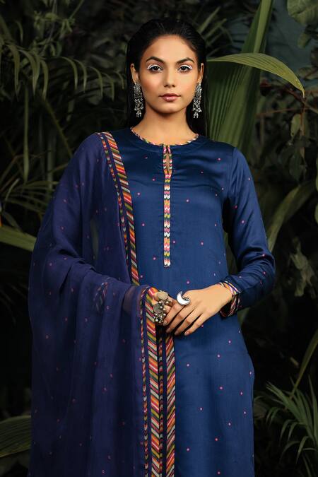 Shop_Baise Gaba_Blue Modal Satin Polka Dot Round Printed Kurta Set _Online_at_Aza_Fashions