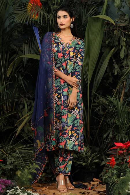 Shop_Baise Gaba_Multi Color Modal Satin Floral V Neck Printed Kurta Set_Online_at_Aza_Fashions