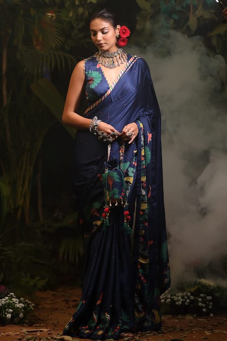 Baise Gaba_Blue Modal Satin Floral, Polka Dot Printed Saree _Online_at_Aza_Fashions
