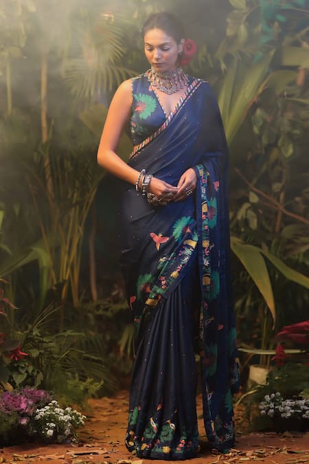 Buy_Baise Gaba_Blue Modal Satin Floral, Polka Dot Printed Saree _Online_at_Aza_Fashions