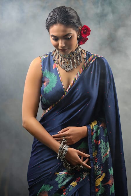 Shop_Baise Gaba_Blue Modal Satin Floral, Polka Dot Printed Saree _Online_at_Aza_Fashions