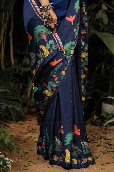 Baise Gaba_Blue Modal Satin Floral, Polka Dot Printed Saree _at_Aza_Fashions