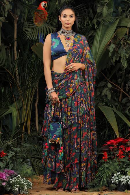 Buy_Baise Gaba_Multi Color Saree Chiffon Blouse Fabric Modal Satin Pre-draped Printed Ruffle _Online_at_Aza_Fashions