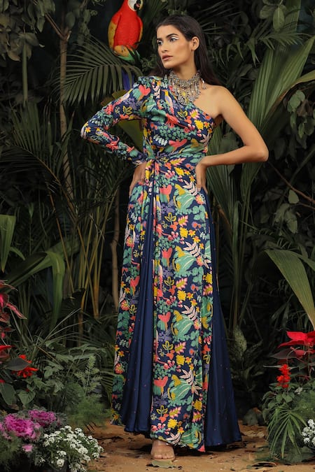 Baise Gaba Printed One Shoulder Gown 