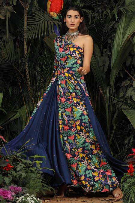 Buy_Baise Gaba_Blue Modal Satin Floral One Shoulder Printed Gown _Online_at_Aza_Fashions