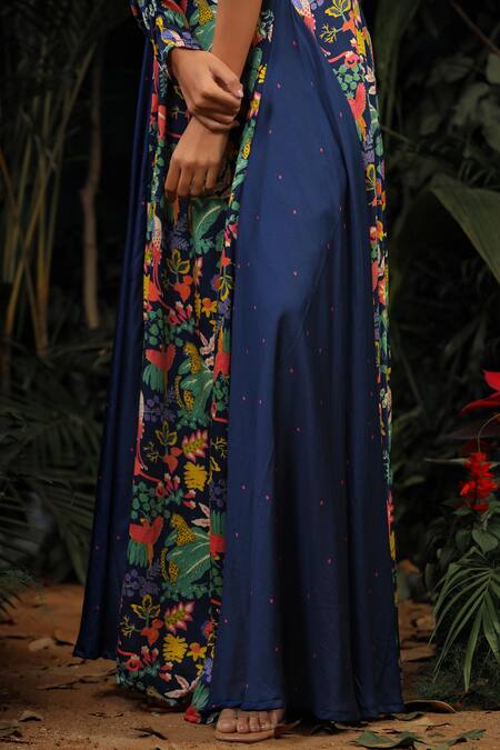 Baise Gaba_Blue Modal Satin Floral One Shoulder Printed Gown _at_Aza_Fashions