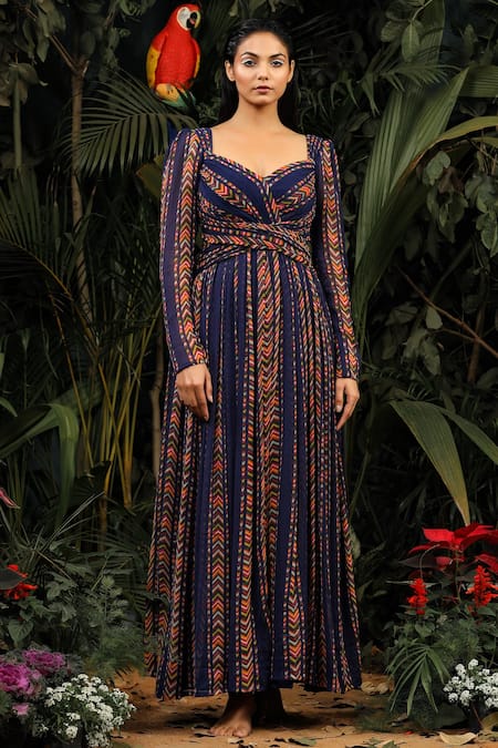 Baise Gaba_Blue Chiffon Geometric Sweetheart Neck Printed Dress _Online_at_Aza_Fashions
