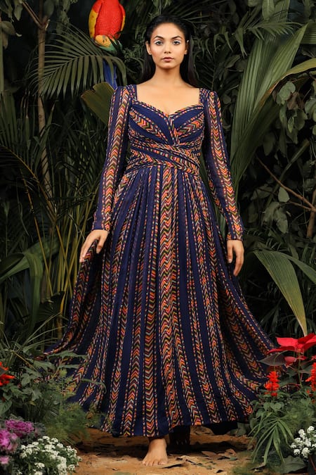 Buy_Baise Gaba_Blue Chiffon Geometric Sweetheart Neck Printed Dress _Online_at_Aza_Fashions