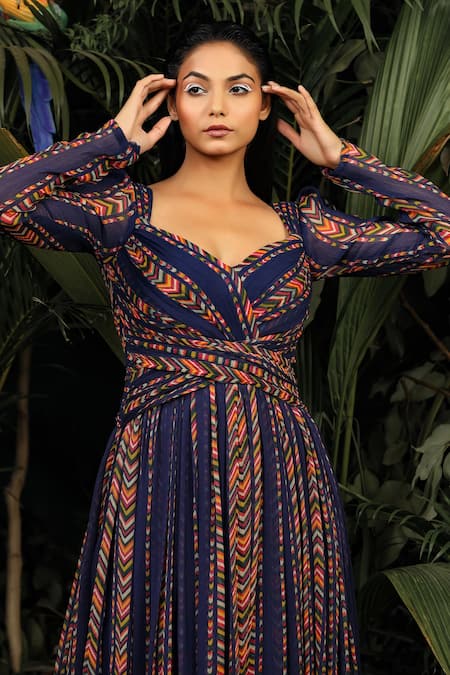 Shop_Baise Gaba_Blue Chiffon Geometric Sweetheart Neck Printed Dress _Online_at_Aza_Fashions