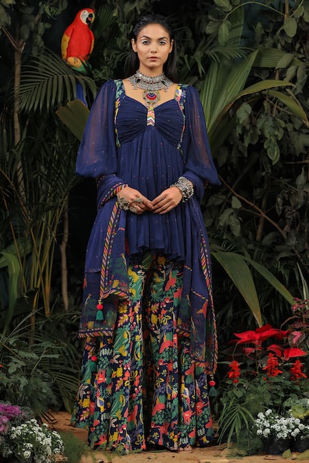 Buy_Baise Gaba_Blue Top Chiffon Gharara Modal Satin Floral, Polka Printed Anarkali And Set _Online_at_Aza_Fashions