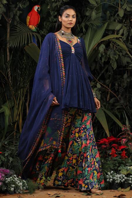 Baise Gaba_Blue Top Chiffon Gharara Modal Satin Floral, Polka Printed Anarkali And Set _Online_at_Aza_Fashions