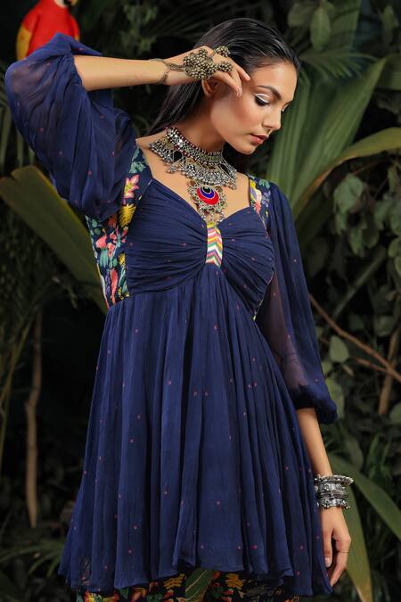Shop_Baise Gaba_Blue Top Chiffon Gharara Modal Satin Floral, Polka Printed Anarkali And Set _Online_at_Aza_Fashions