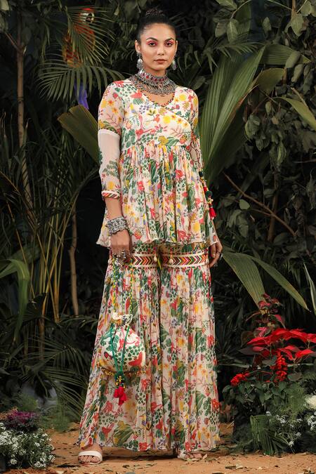 Baise Gaba_White Anarkali Chiffon Sharara Modal Satin Floral V Neck Printed And Set_Online_at_Aza_Fashions