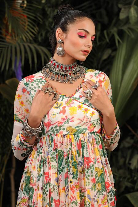 Shop_Baise Gaba_White Anarkali Chiffon Sharara Modal Satin Floral V Neck Printed And Set_Online_at_Aza_Fashions