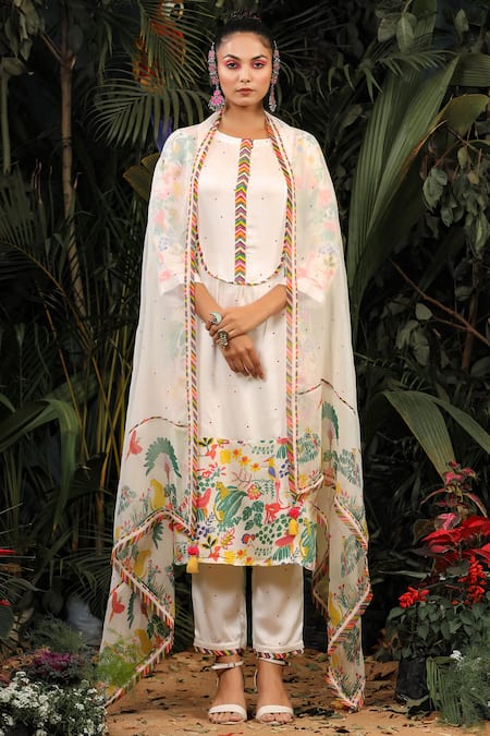 Buy_Baise Gaba_White Modal Satin Floral, Polka Dot Round Printed Kurta Set_Online_at_Aza_Fashions