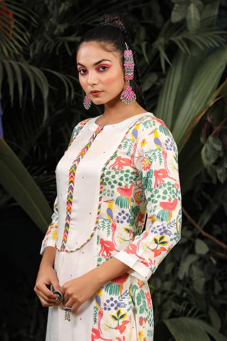 Baise Gaba_White Modal Satin Floral, Polka Dot Round Printed Kurta Set_at_Aza_Fashions