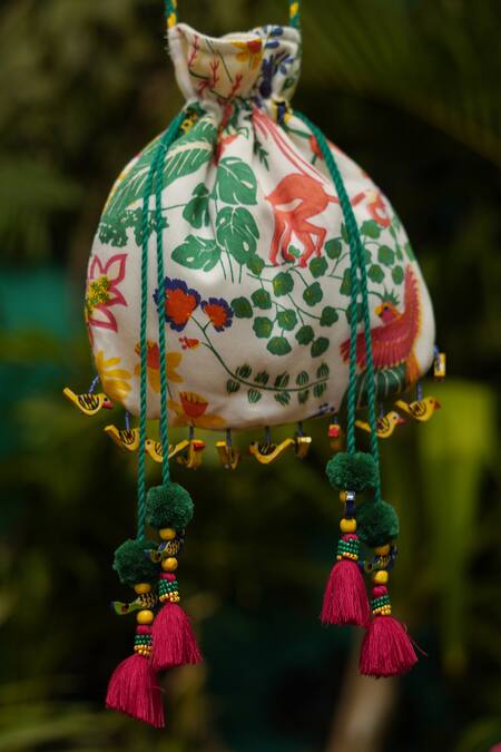 Baise Gaba_White Pom-poms Modal Satin Printed Potli Bag _Online_at_Aza_Fashions