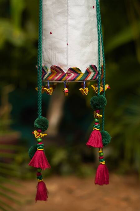 Baise Gaba_White Embroidery, Pom-poms Modal Satin Printed Potli Bag _Online_at_Aza_Fashions