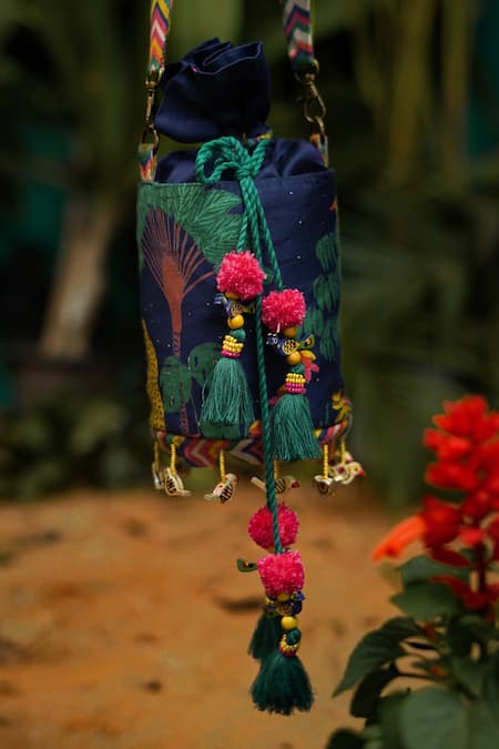 Baise Gaba_Blue Embroidery, Pom-poms Modal Satin Printed Potli Bag _Online_at_Aza_Fashions