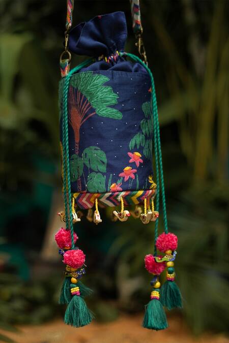 Buy_Baise Gaba_Blue Embroidery, Pom-poms Modal Satin Printed Potli Bag _Online_at_Aza_Fashions